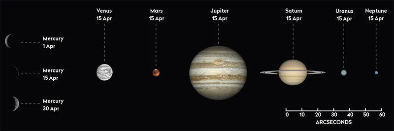 The phase and relative sizes of the planets in April 2024. Each planet is shown with south at the top, to show its orientation through a telescope
