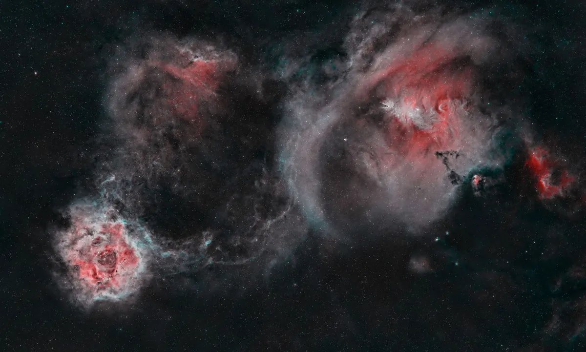 The Rosette Nebula and Cone Nebula Tim Barry, Milton Keynes, Buckinghamshire, 6, 7, 13 and 26 February 2023 Equipment: ZWO ASI2600MC-Pro camera, ZWO ASI120MM Mini guide camera, ZWO Mini-guide scope and ASIAir-Mini, Samyang 135mm lens, Sky-Watcher HEQ5-Pro mount 