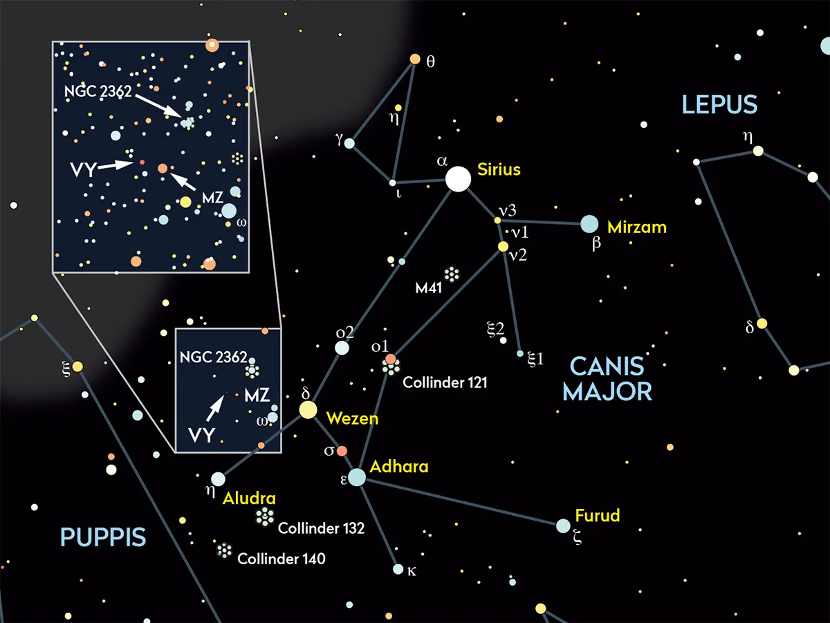 Chart showing the location of hypergiant star VY Canis Majoris in the night sky. Credit: Pete Lawrence
