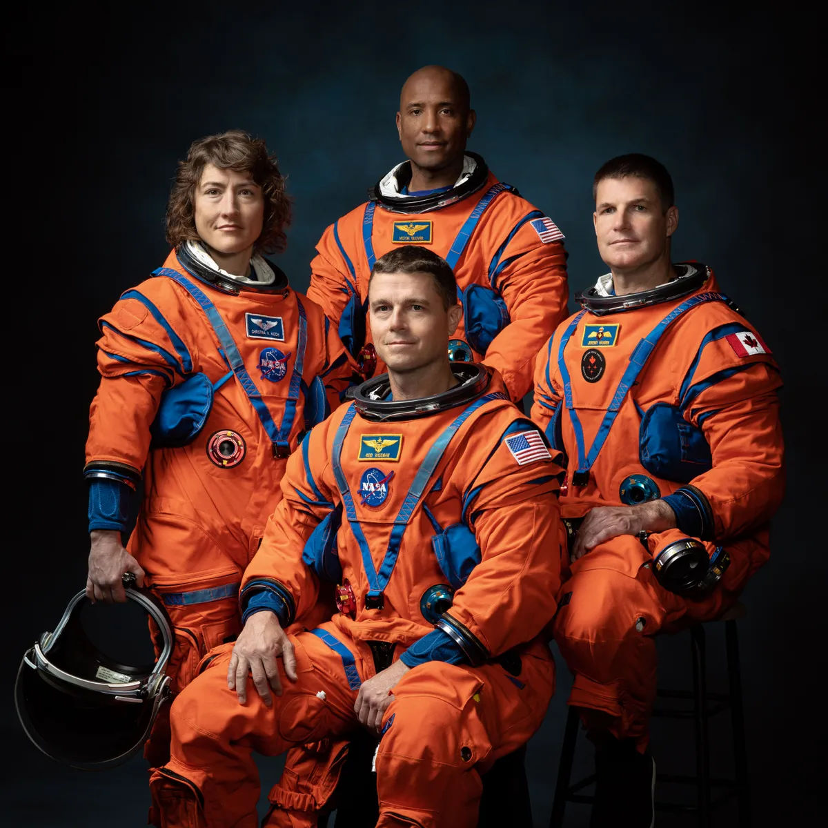 Official crew portrait for Artemis II, from left: NASA Astronauts Christina Koch, Victor Glover, Reid Wiseman, Canadian Space Agency Astronaut Jeremy Hansen. Credit: NASA/Josh Valcarcel