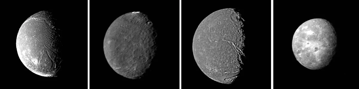 Views of Uranus's moons, as seen by Voyager 2. Left to right: Ariel, Uriel, Titania, Oberon. Sizes not to scale. Credit: NASA