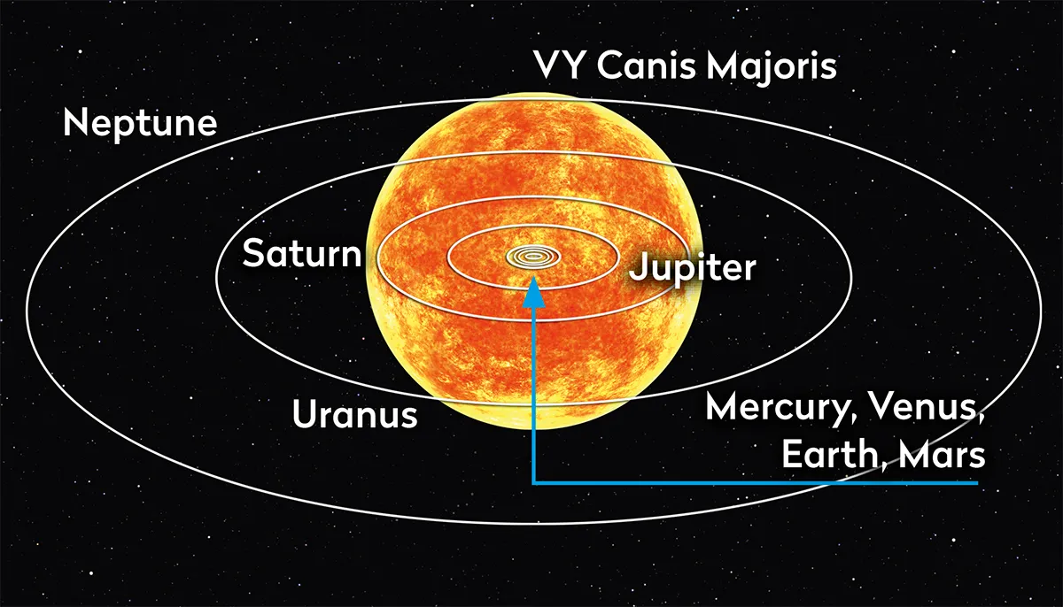 Illustration showing how big VY Canis Majoris is compared to our Sun.