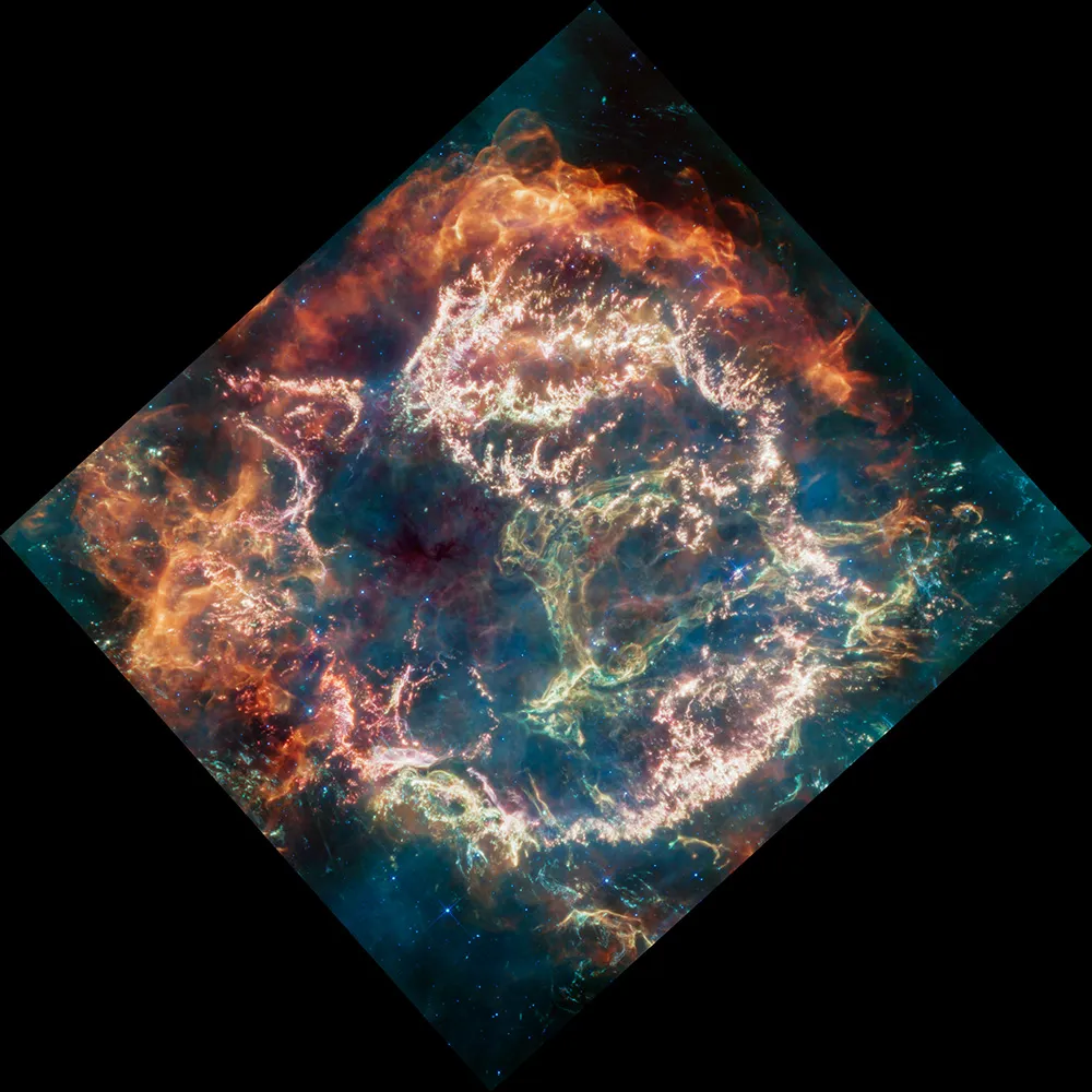 A view of supernova remnant Cassiopeia A captured by the James Webb Space Telescope. Credit: NASA, ESA, CSA, Danny Milisavljevic (Purdue University), Tea Temim (Princeton University), Ilse De Looze (UGent). Processing: Joseph DePasquale (STScI)