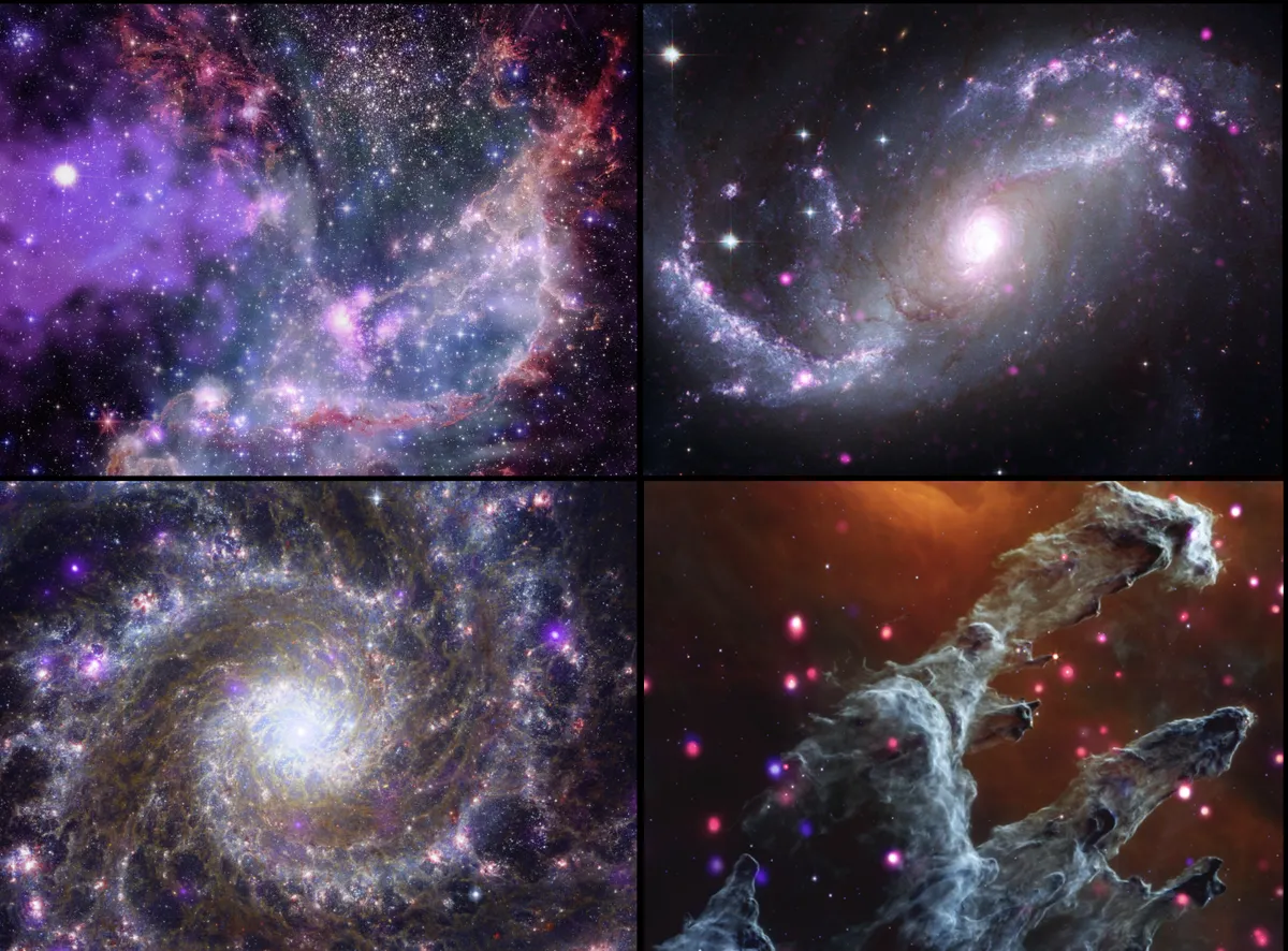 A series of 4 images captured using data from Webb, Chandra, Hubble and Spitzer. Clockwise from top left: star cluster NGC 346, barred spiral galaxy NGC 1672, the Eagle Nebula and spiral galaxy M74. Credit: X-ray: Chandra: NASA/CXC/SAO, XMM: ESA/XMM-Newton; IR: JWST: NASA/ESA/CSA/STScI, Spitzer: NASA/JPL-Caltech; Optical: Hubble: NASA/ESA/STScI, ESO. Image Processing: L. Frattare, J. Major, and K. Arcand.