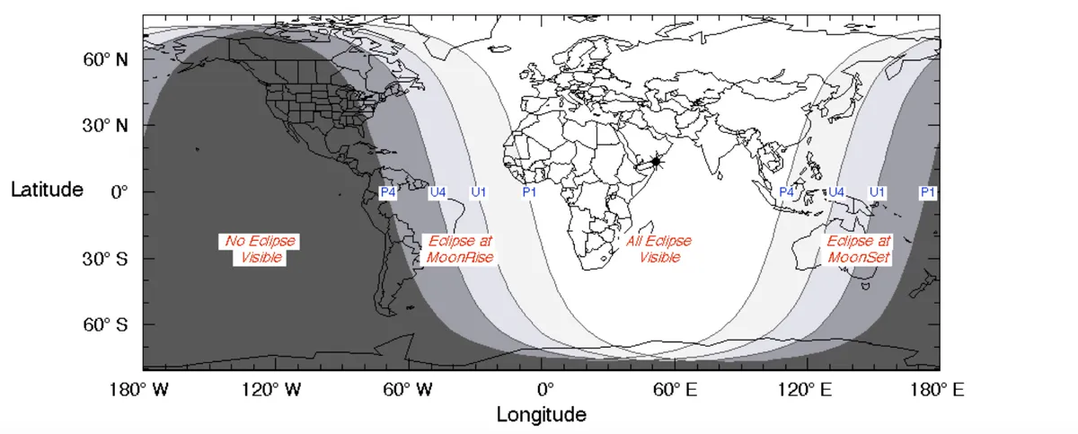 A chart showing the path of visibility of the 28 October 2023 partial lunar eclipse, created by NASA and eclipse-chaser Fred Espenak. Credit: F. Espenak, NASA's GSFC, eclipse.gsfc.nasa.gov