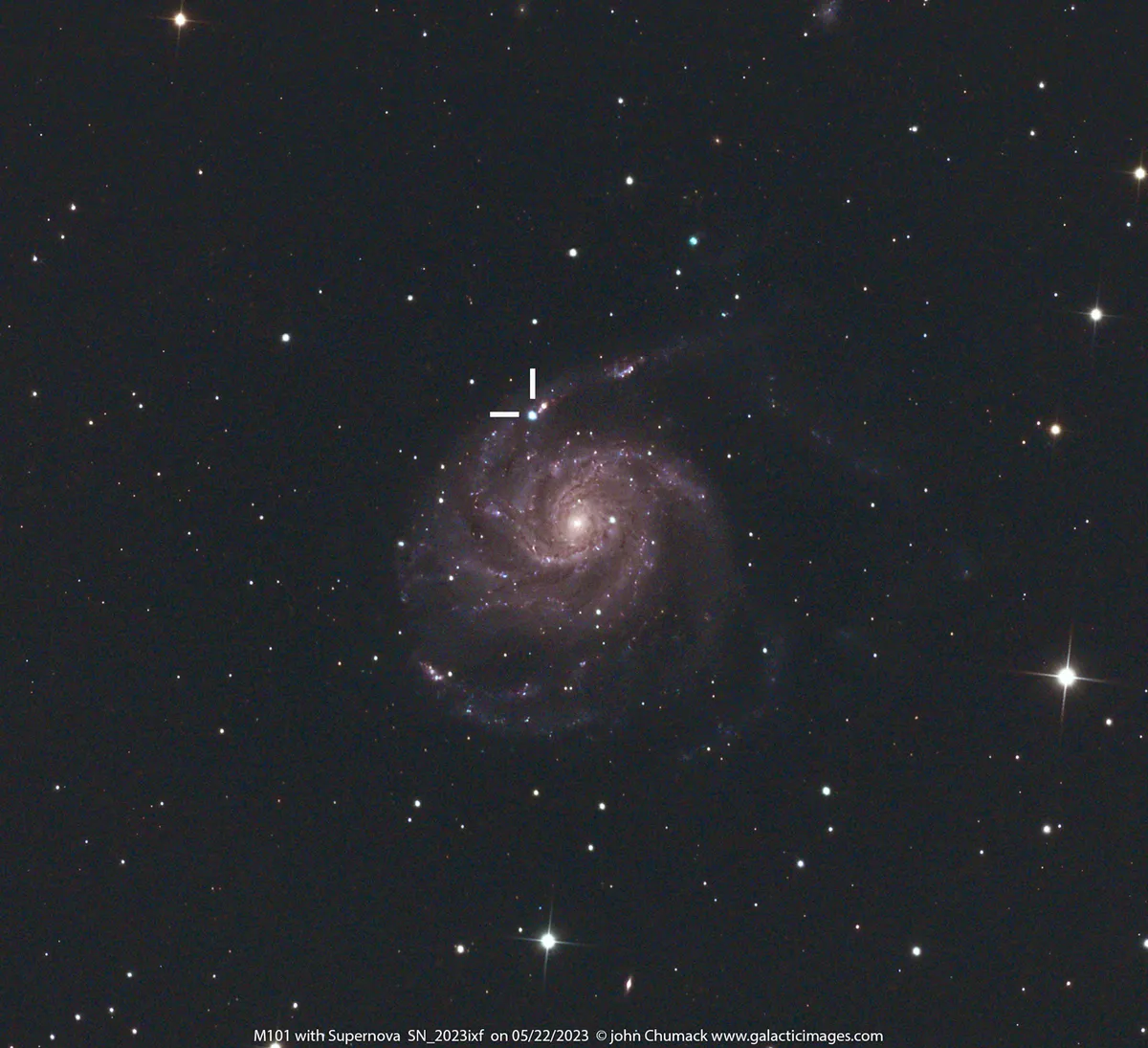 M101 The Pinwheel spiral galaxy with bright Supernova SN 2023ixf, captured by John Chumack, Dayton, Ohio, USA, 22 May 2023. Equipment: ZWO 294MC cooled CMOS Camera, Vixen 5.5 inch F5 Newtonian, Baader Coma Corrector, Celestron AVX Mount.