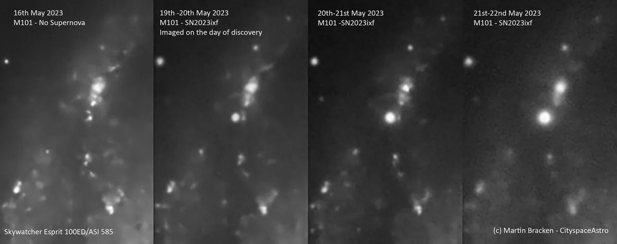 A collage showing the appearance of supernova SN 2023ixf in galaxy M101, captured by Martin Bracken, Essex, UK, 16 - 22 May 2023. Equipment: ZWO ASI585MC camera, Sky-Watcher Esprit 100 ED triplet, Sky-Watcher HEQ5 Pro mount.