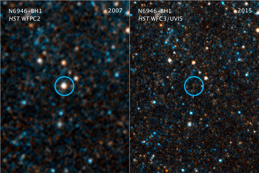 Hubble Space Telescope images show giant star N6946-BH1 before and after it vanished from sight by imploding to form a black hole. Credits NASA,ESA, and C. Kochanek (OSU)