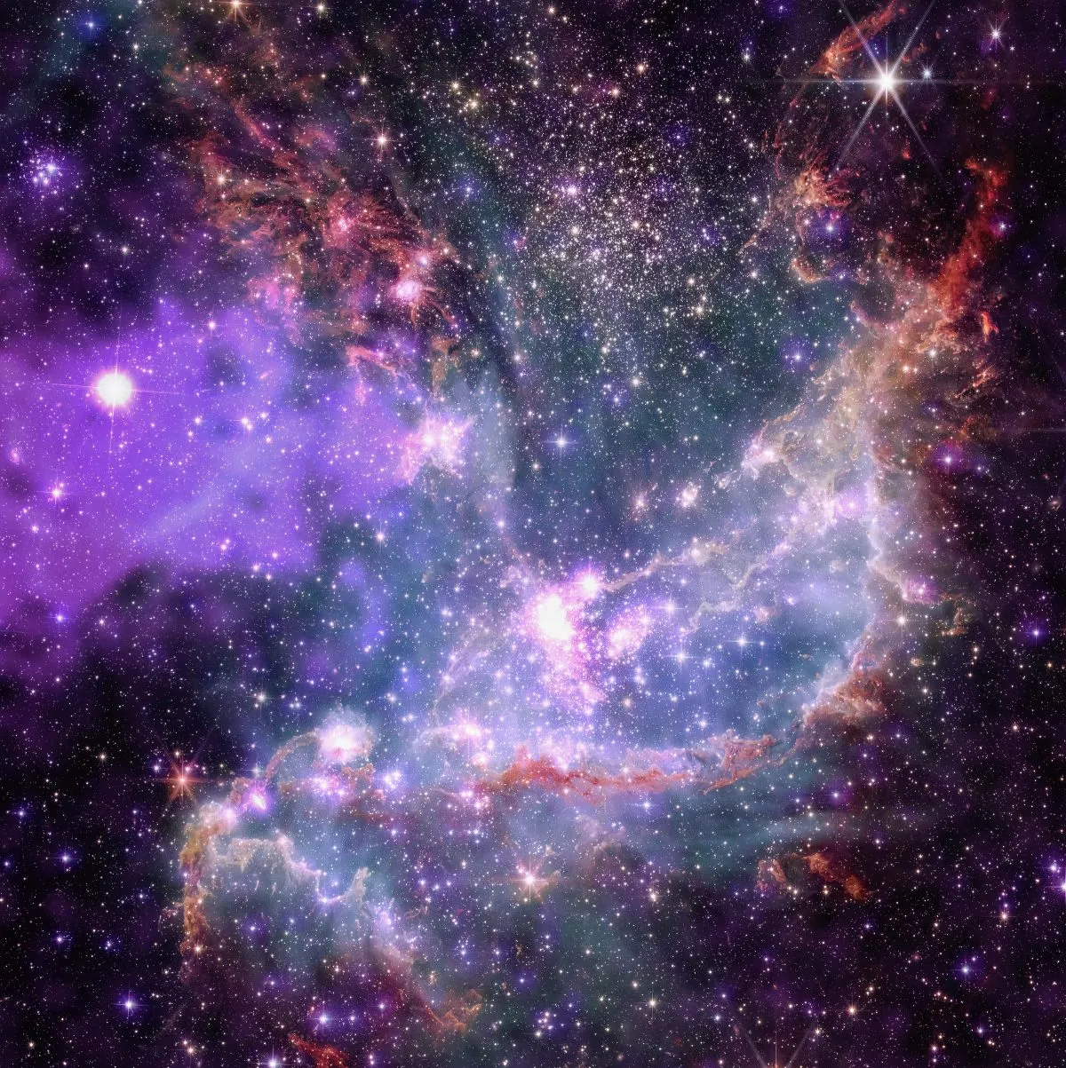 Star Cluster NGC 346, as seen by the Chandra X-ray Observatory and the James Webb Space Telescope. Credit: X-ray: Chandra: NASA/CXC/SAO, XMM: ESA/XMM-Newton; IR: JWST: NASA/ESA/CSA/STScI, Spitzer: NASA/JPL-Caltech; Optical: Hubble: NASA/ESA/STScI, ESO. Image Processing: L. Frattare, J. Major, and K. Arcand.