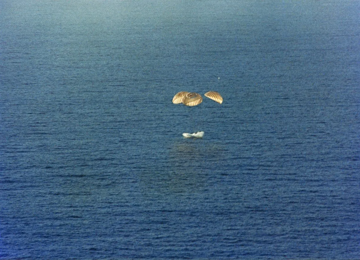 Splashdown of Skylab 4, the third and final crewed mission, in the Pacific Ocean, 8 February 1974. Credit: NASA