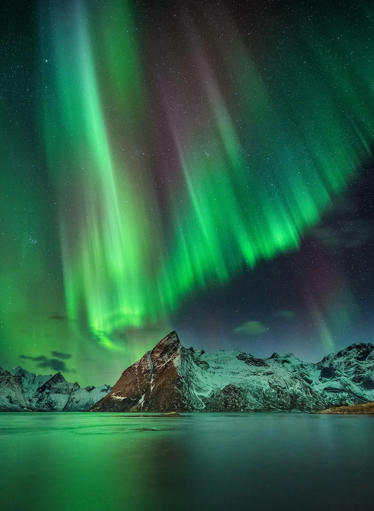 Curtain of Light, by Andreas Ettl, Hamnøy, Lofoten Islands, Norway Category: Aurorae Equipment: Nikon Z7 camera, 17 mm f/2.8, ISO 1600, 10-second exposure