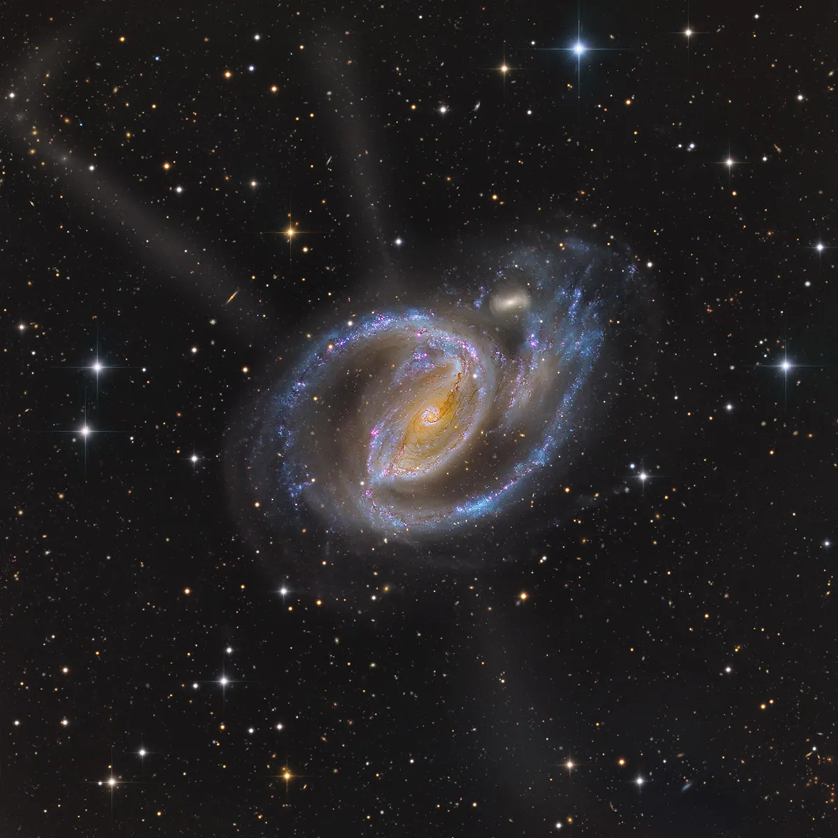 NGC 1097 and Tidal Tails, by Mark Hanson; Mike Selby, El Sauce Observatory, Río Hurtado, Chile Category: Galaxies Equipment: Planewave CDK 1000 and CDK 700 telescopes, Chroma filters, FLI 16803 and QHY461 cameras, 6,000 mm f/6 and 4550 mm f/6.5, multiple 900-second Luminance exposures (12 hours total exposure), 9-hour H-alpha exposure and 5-hour RGB exposures per filter