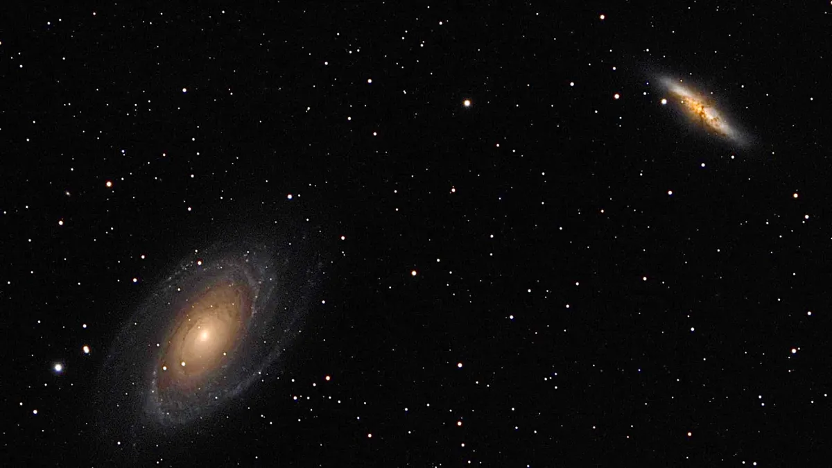 M81 Bode’s Galaxy and M82 The Cigar Galaxy Craig Toulson, Sheffield, South Yorkshire, 4 April 2023 Equipment: Altair Hypercam 26C APS-C colour CMOS camera, Sky-Watcher Evostar 80ED DS Pro refractor, Sky-Watcher HEQ5 Pro mount