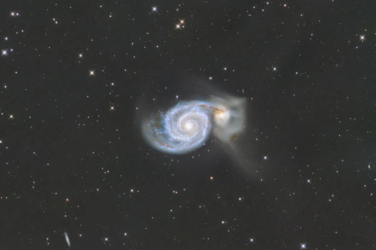 M51 The Whirlpool Galaxy Rob Newsome, Kelling Heath, Norfolk, 11-12 April Equipment: Altair Astro Hypercam 24C colour CMOS camera, Altair Astro 10-inch Ritchey-Crétien, iOptron CEM60 mount