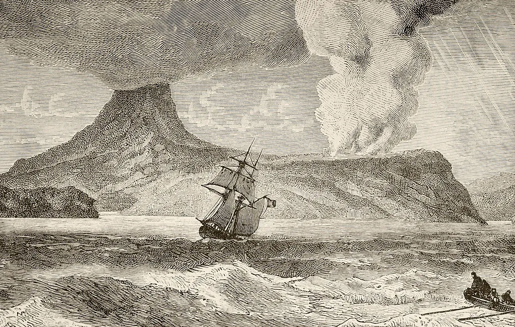 An illustration of Krakatoa island erupting in August 1883, from the book Chips From The Earth's Crust published 1894. (Photo by Universal History Archive/Getty Images)