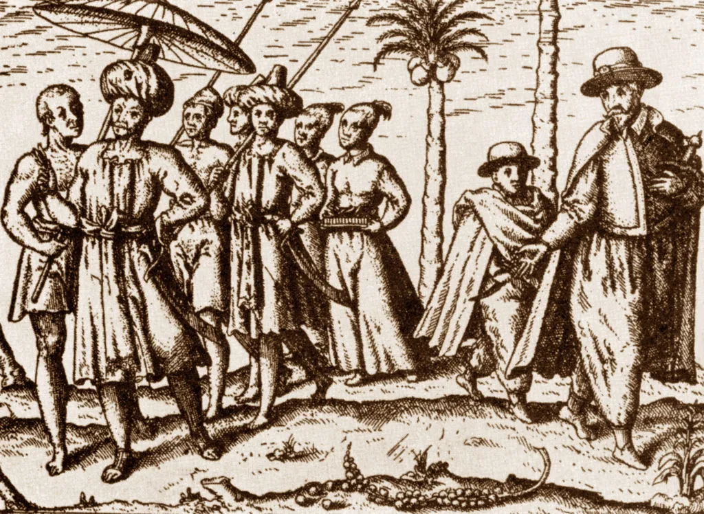 Netherlands/ Indonesia: Dutch explorer Cornelis de Houtman (right) meets the ruler of Sumatra in 1599. Photo by Pictures From History / Universal Images Group via Getty Images.