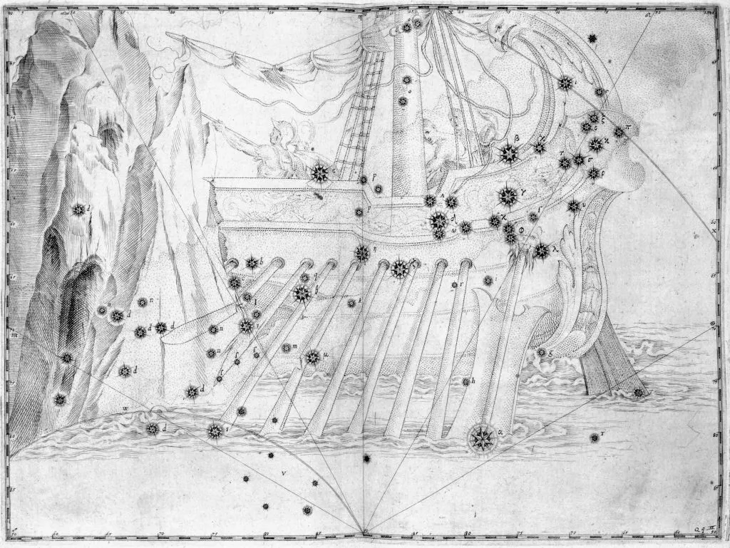 Illustration of the constellation Argo Navis, as seen in 'Uranometria' (1603) by Johann Bayer. Photo by SSPL/Getty Images