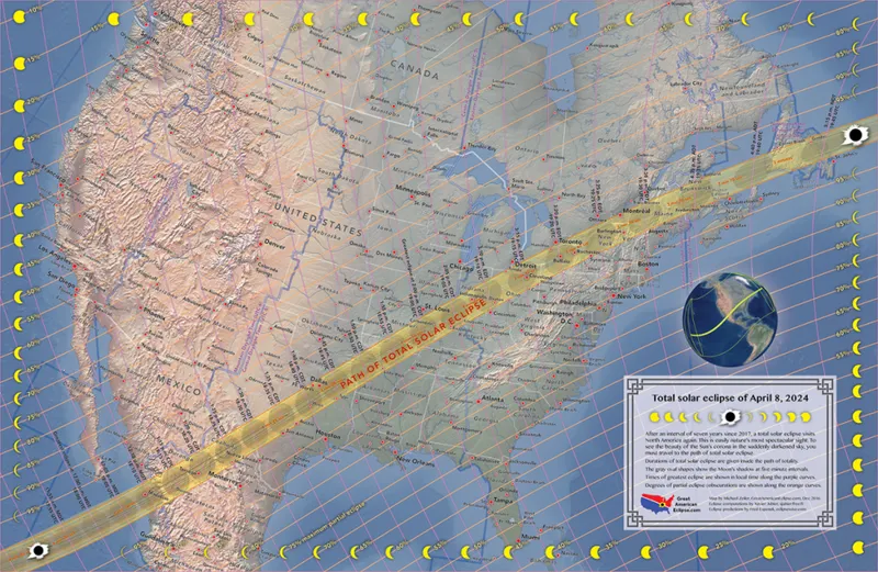 Mapa de totalidad para el eclipse del 8 de abril de 2024. Crédito: greatamericaneclipse.com