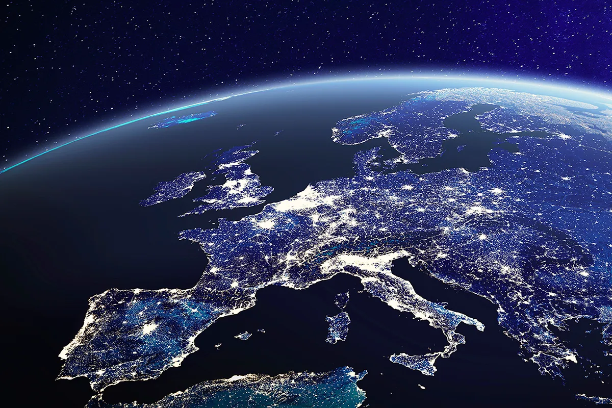 An image of Europe at night from space, showing the distribution of artificial light. Credit: NicoElNino/istock/getty images