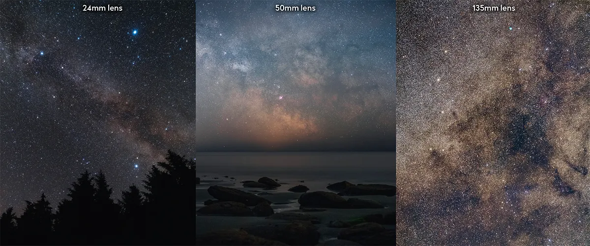 The Milky Way captured at three different focal lengths: 24mm for a wide view, 50mm for closer-in and 135mm to highlight a region. Credit: Will Gater