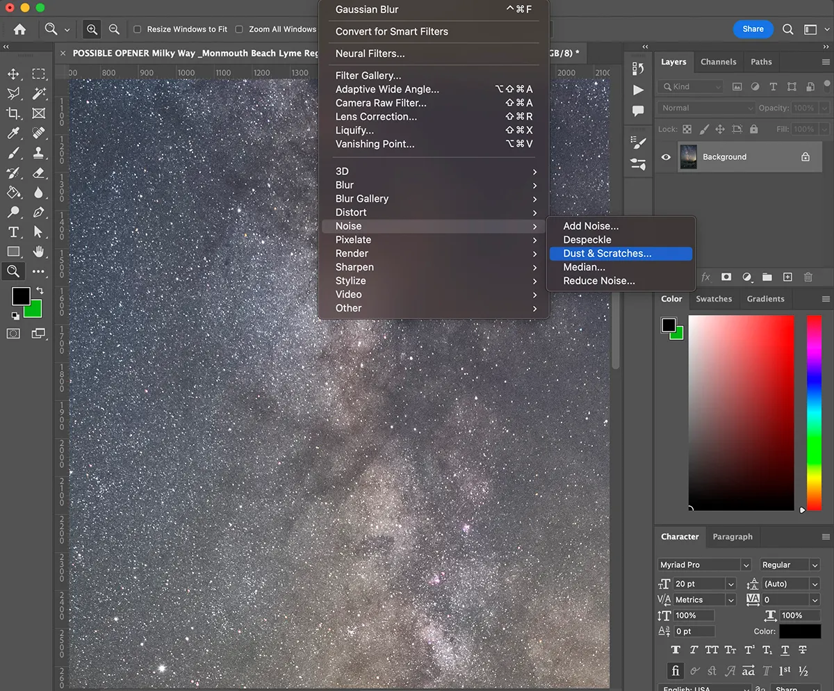 The ‘Dust & scratches’ tool in Photoshop can be used to remove stars.