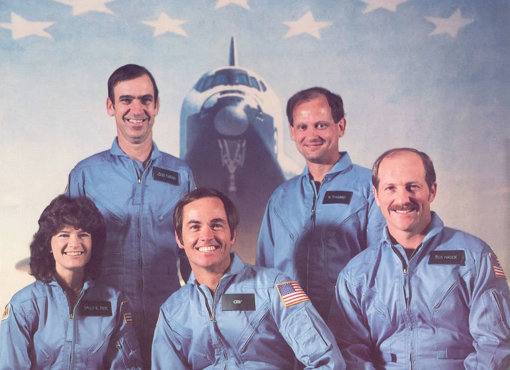 The STS-7 crew. Front row, left to right: Sally Ride, Commander Bob Crippen, Pilot Frederick Hauck. Back row, left to right: John Fabian, Norm Thagard