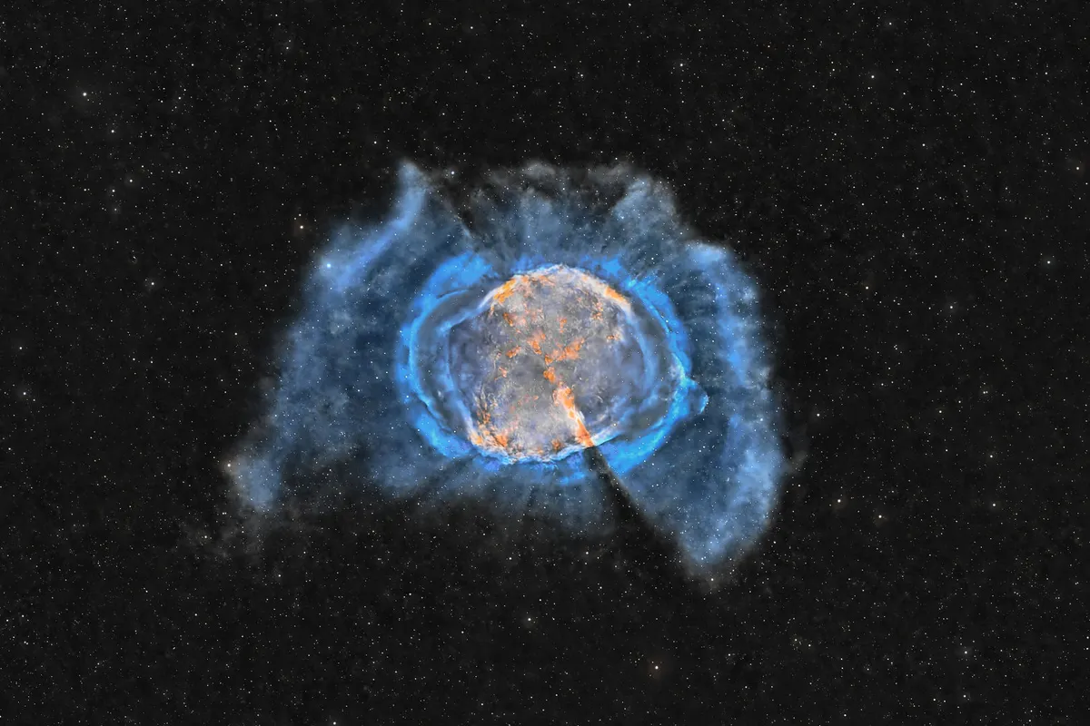 M27, the Dumbbell Nebula Patrick Cosgrove, Honeoye Falls, New York, USA, 2-4 August 2021 Equipment: ZWO ASI2600MM-Pro CMOS camera, Astro-Physics 130mm f/8.35 StarFire EDT refractor, iOptron CEM60 mount