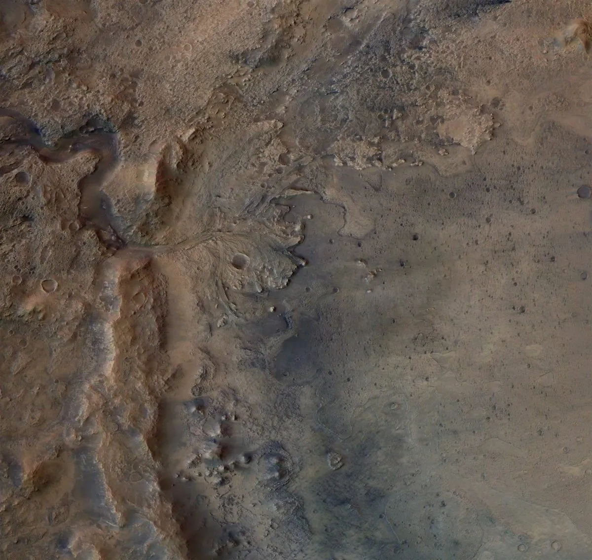 The remains of an ancient delta in Mars's Jezero Crater, as seen by the Mars Express Orbiter. Credit: ESA/DLR/FU-Berlin