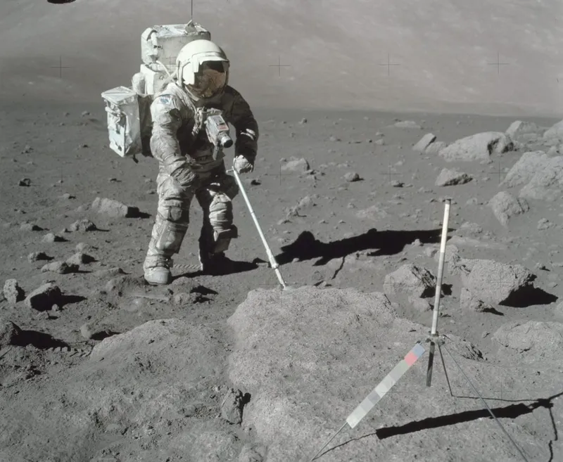 Harrison Schmitt collects a soil sample during an Apollo 17 EVA. Credit: NASA