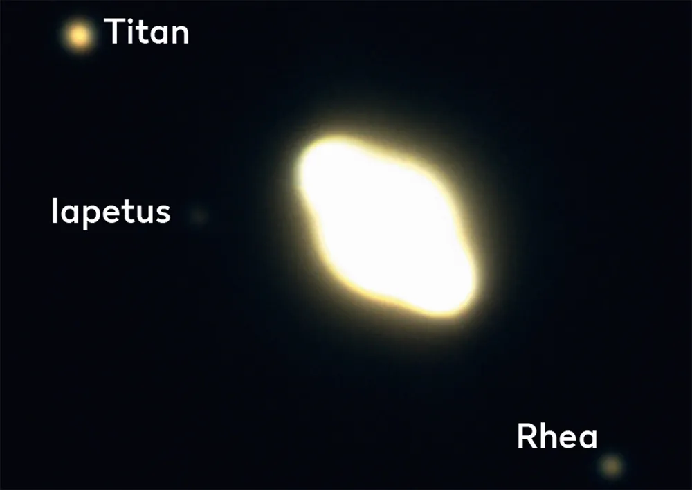 By overexposing Saturn you’ll start to pick up its major moons. Credit: Jane Clark