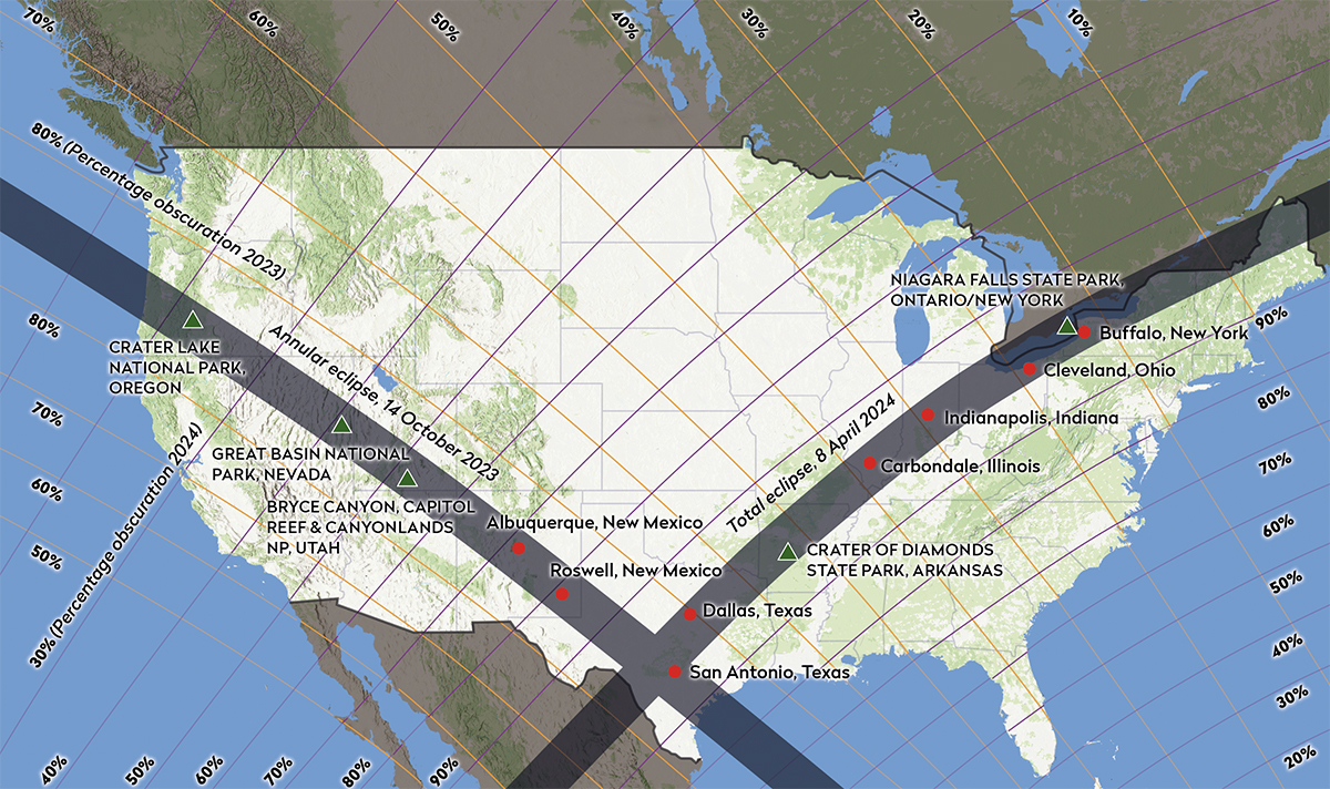 Mappa che mostra i percorsi dell'eclissi solare negli Stati Uniti il ​​14 ottobre e l'8 aprile.