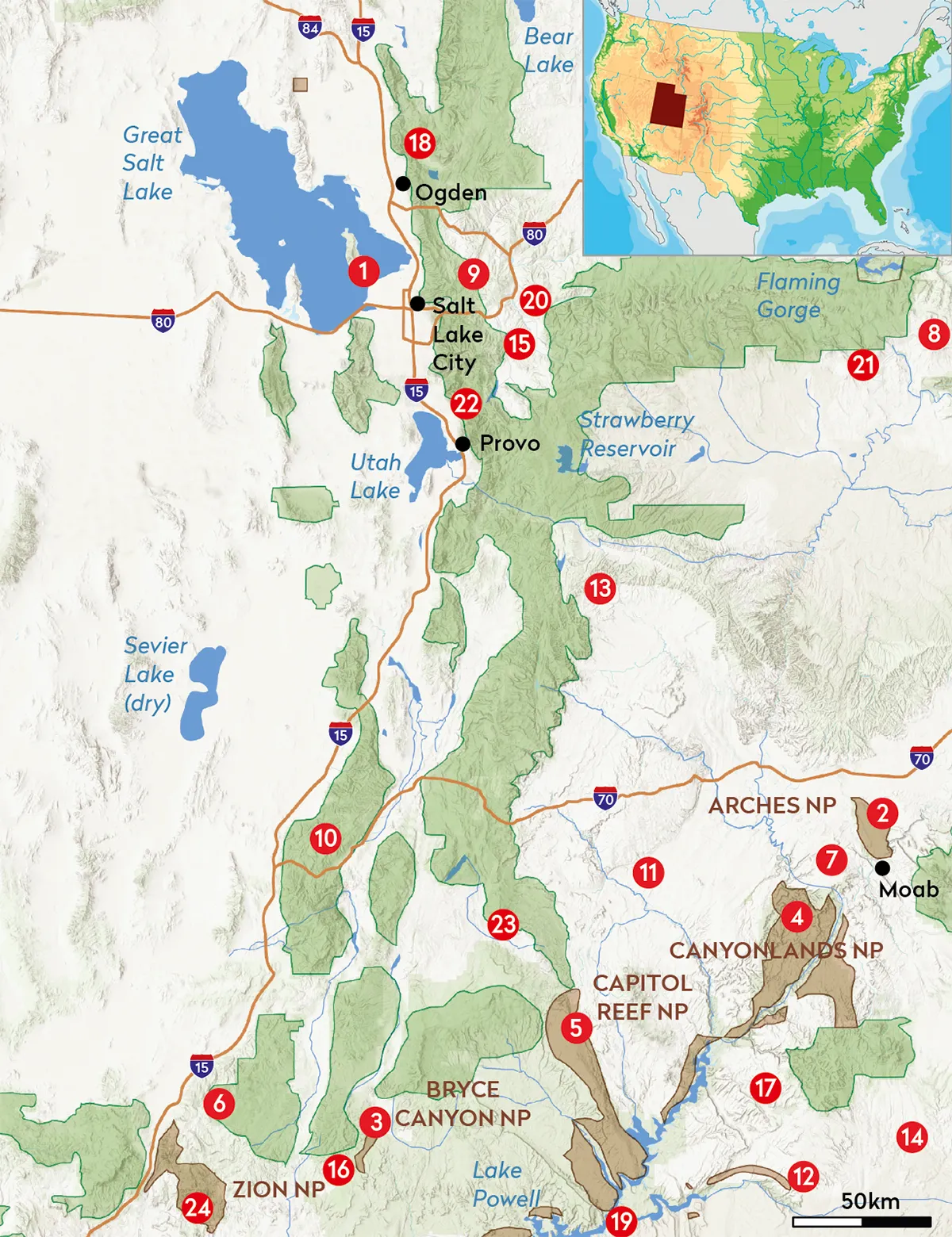 Map showing the best places to stargaze in Utah