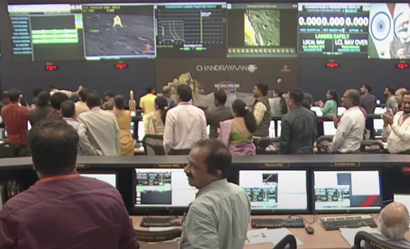 Celebrations as India's Chandrayaan-3 spacecraft lands on the Moon. Credit: ISRO