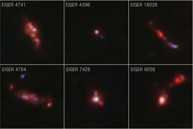 π Six galaxies just 900 million years after the Big Bang – but bright blasts of shortlived star formation could be hiding the real view from JWST. Credits: NASA, ESA, CSA, Simon Lilly (ETH Zürich), Daichi Kashino (Nagoya University), Jorryt Matthee (ETH Zürich), Christina Eilers (MIT), Rob Simcoe (MIT), Rongmon Bordoloi (NCSU), Ruari Mackenzie (ETH Zürich); Image Processing: Alyssa Pagan (STScI), Ruari Macke