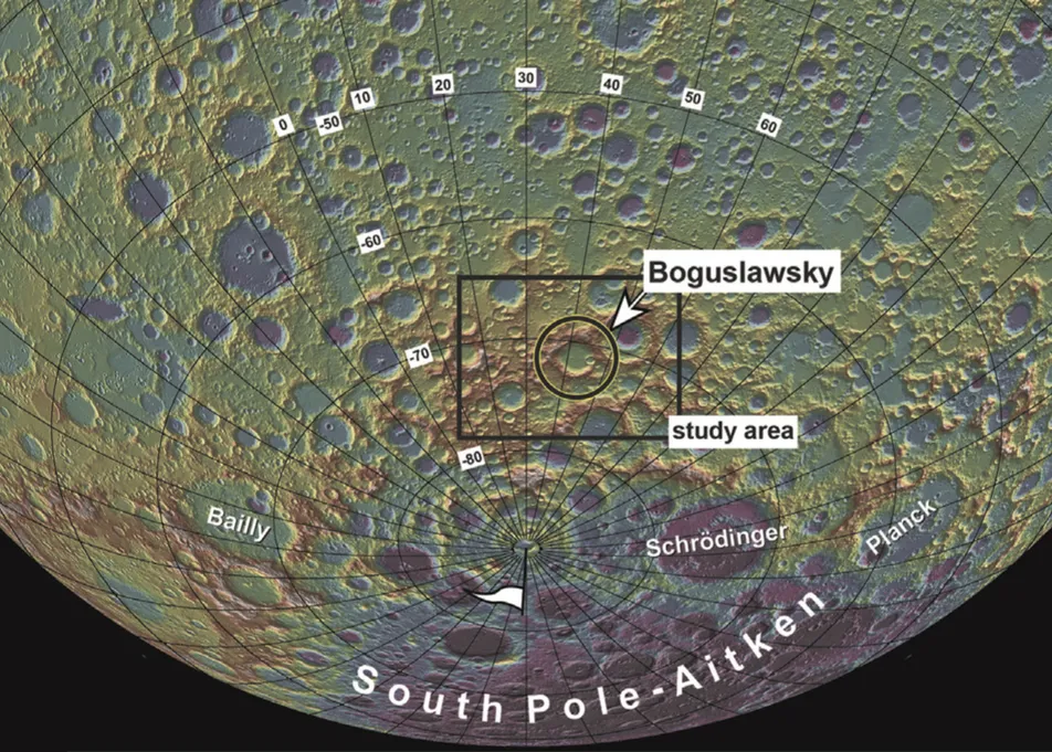 Topographic map of the lunar south pole, showing the landing area of Luna 25 around Boguslawsky Crater at a latitude of around -70 degrees.