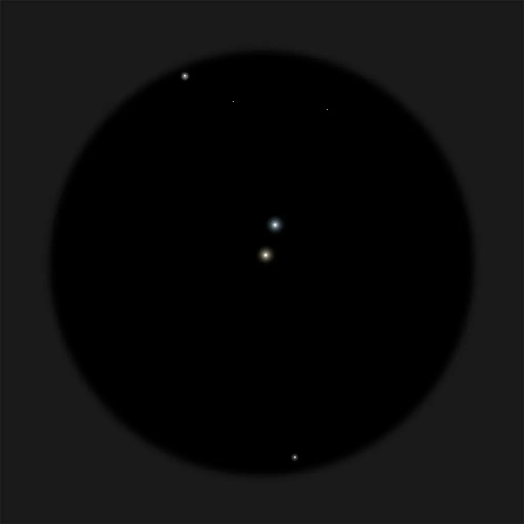 Double star Psi1 Piscium is a fine binary, the two components similar in brightness and separated by an easy 29 arcseconds. Credit: Pete Lawrence