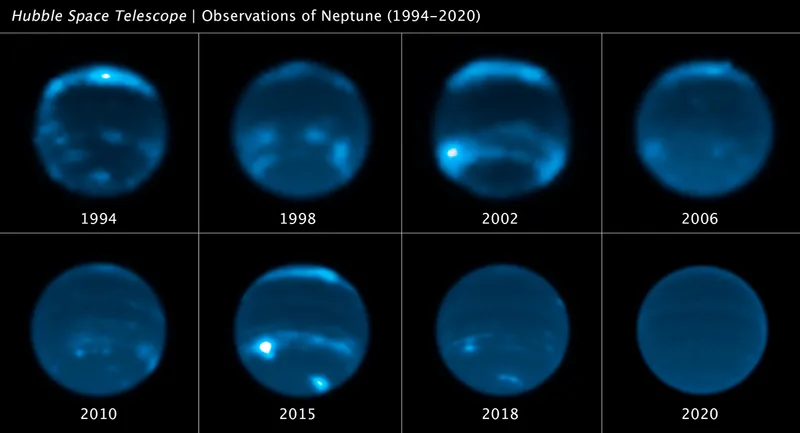 A sequence of Hubble Space Telescope images showing changes in Neptune cloud cover, which seems to correlate to changes in the solar cycle. Credits: NASA, ESA, Erandi Chavez (UC Berkeley), Imke de Pater (UC Berkeley)