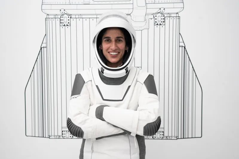 NASA astronaut Jasmin Moghbeli, commander of NASA's SpaceX Crew-7 mission, is pictured in her pressure suit during a crew equipment integration test at SpaceX headquarters in Hawthorne, California.
Credit: SpaceX