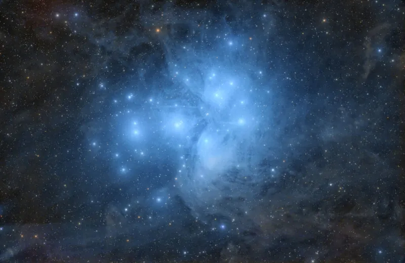M45, Pleiades Star Cluster Ronald Brecher, Guelph, Ontario, Canada, December 6, 2020 - February 9, 2021 Equipment: QHY 367C Pro color CMOS camera, Takashi FSQ-106EDX4 quad refractometer, Paramount MX mount