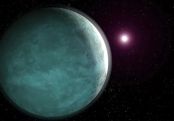 An icy planet with a small, reddish star in the distance. A thin atmosphere is visible above the planet.