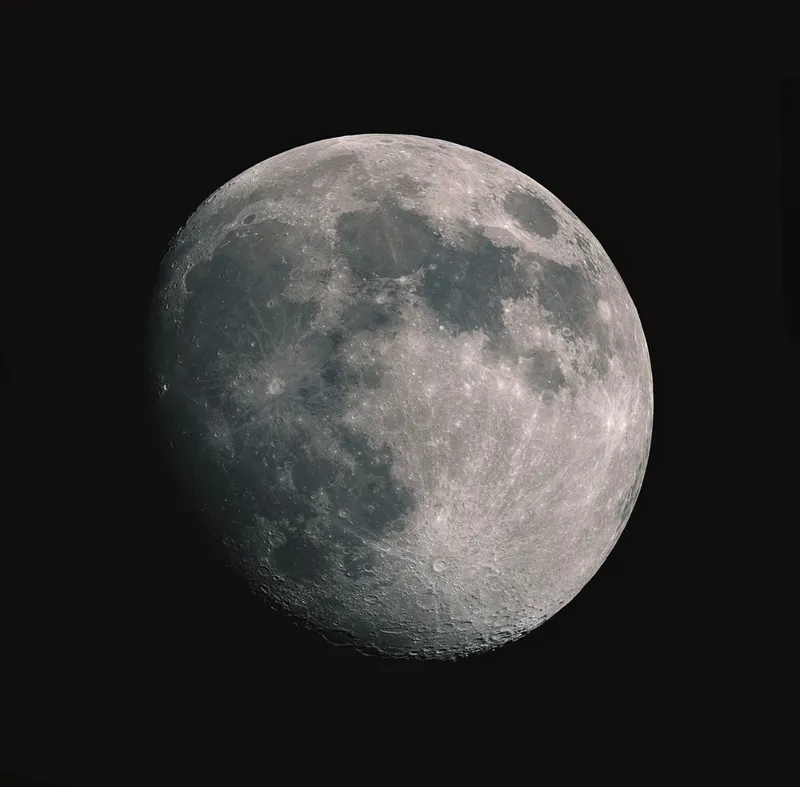 Waxing gibbous Moon David Hoskin, Halifax, Nova Scotia, Canada, 2 April 2023 Equipment: ZWO ASI533MC Pro colour CMOS camera, Celestron Omni XLT 150 f/5 reflector, Sky-Watcher EQ6-R Pro mount