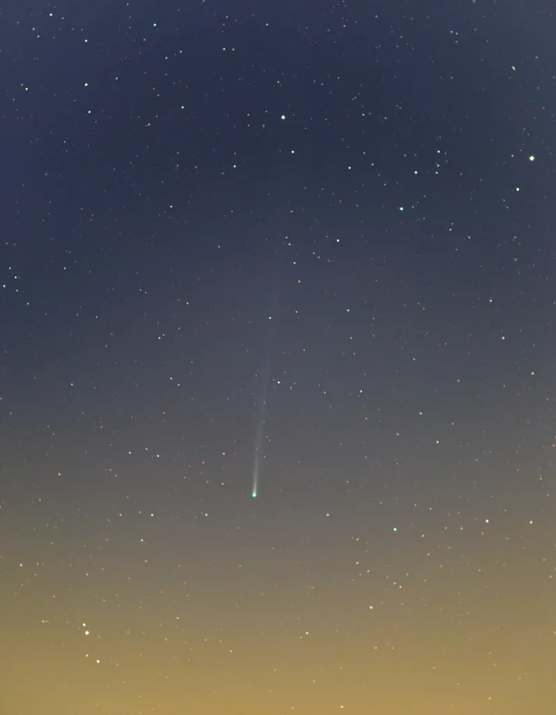 Comet P1 Nishimura captured by Barry Burgess from Taylor Head Provincial Park Nova Scotia, Canada, 8 September 2023. Equipment: Canon EOS 6D DSLR camera, Rokinon 135mm f2.0lands, Sears branded 200mm f3.5. lens, Berlebach tripod, Manfrotto gear head, Sky-Watcher Star Adventurer