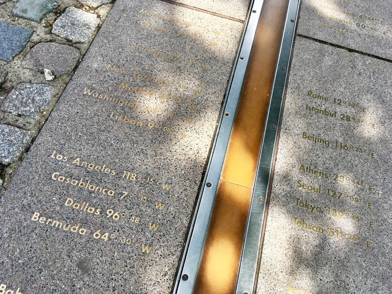 Close up of the meridian line at the Royal Observatory in Greenwich. The Meridian has been in use as the prime meridian, denoting longitude 0º, since 1750. Credit: Pam Susemiehl / Getty Images