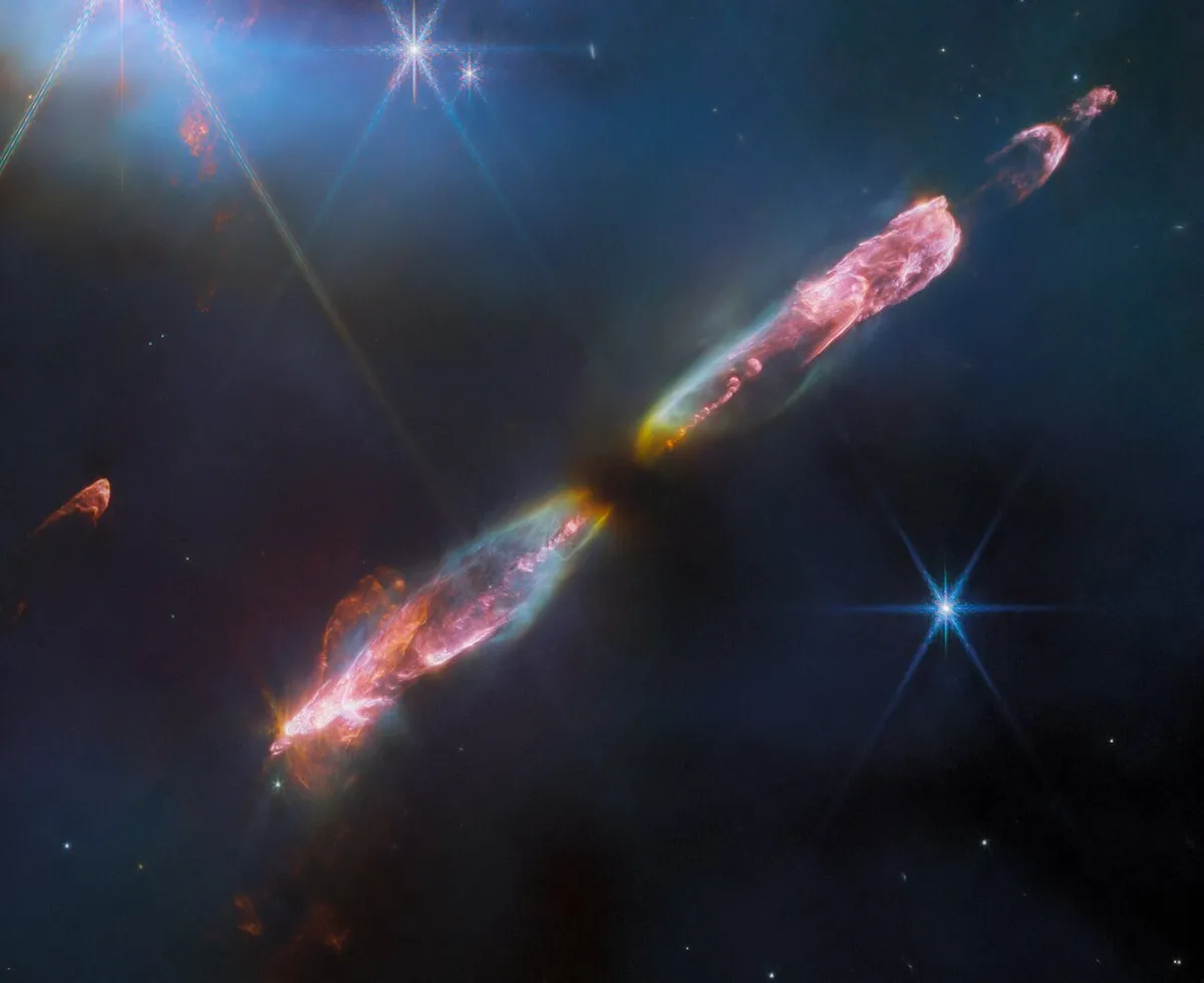 Herbig-Haro 211 (HH 211), found in the constellation Perseus, is one of the youngest and nearest known protostellar outflows. Credit: ESA/Webb, NASA, CSA, T. Ray (Dublin Institute for Advanced Studies)