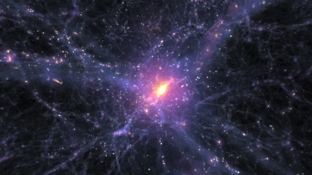 This visualisation shows galaxies, composed of gas, stars and dark matter, colliding and forming filaments in the Cosmic Web. Credit: AVL at NCSA, University of Illinois