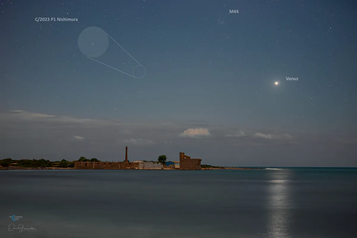 Venus, M44 and Comet Nishimuri above Vendicari, Sicily, captured by Dario Giannobile on 5 September 2023. Equipment: Canon EOS 6D DSLR camera, Sigma 50mm, f/2, 5 sec, ISO 800, stack of 17 images

