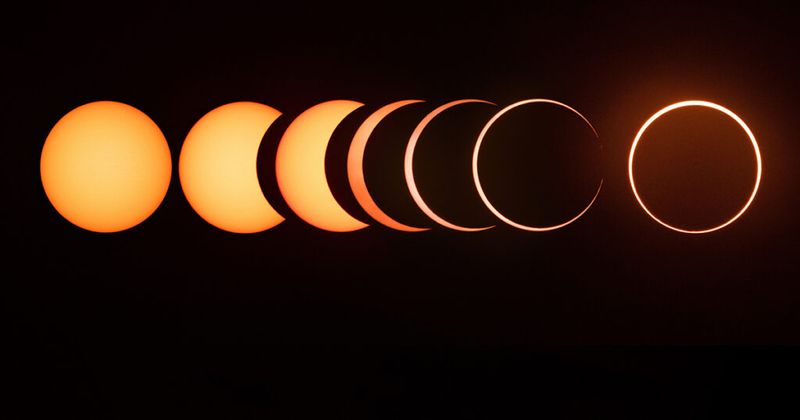 Una sequenza che mostra l'eclissi solare anulare del 2019 dall'inizio alla fine.  Credito: Goh Keng Cheong/Getty Images