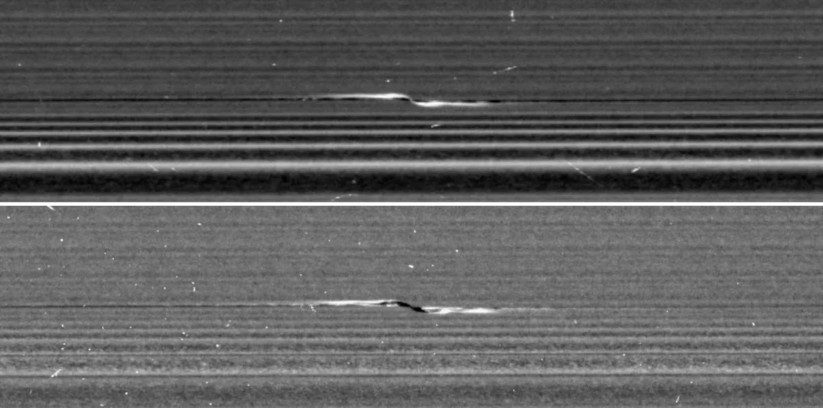 NASA's Cassini spacecraft captured these views of a propeller feature in Saturn's A ring on 21 February 2017. Credit: NASA