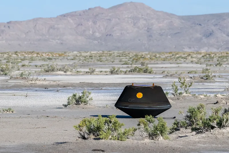 The sample return capsule from NASA’s OSIRIS-REx shortly after touching down in the desert on 24 September 2023, Utah, USA. Credit: NASA/Keegan Barber