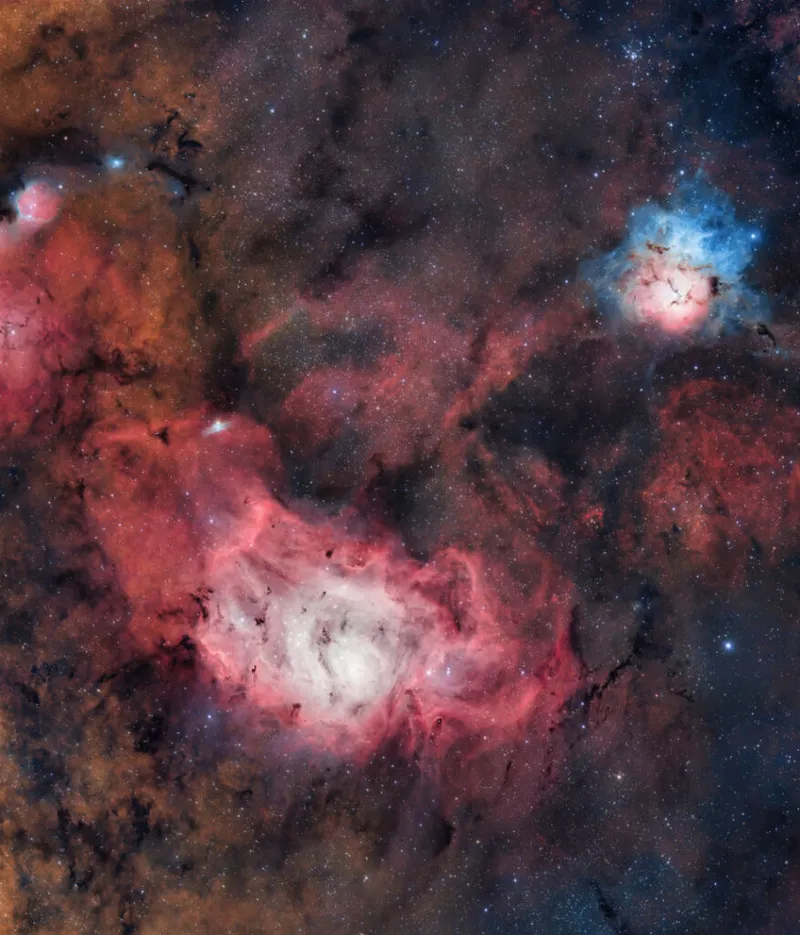 M8, the Lagoon Nebula and M20, the Trifid Nebula Antoine and Dalia Grelin, captured remotely via Utah Desert Remote Observatories, Utah, USA, 1-2 August 2023 Equipment: ZWO ASI2600MC Pro colour CMOS camera, Celestron RASA 8-inch Rowe-Ackermann Schmidt astrograph, 10Micron GM1000 HPS mount